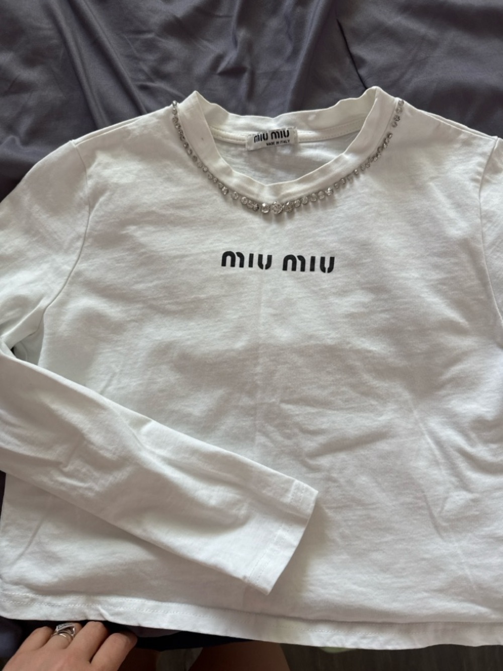 Miu Miu White Long Sleeve Tee with Crystal Neckline